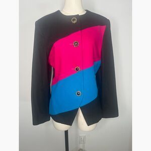 Oleg Cassini Vintage Colorblock Wool Blazer Pink Blue Black Statement Buttons